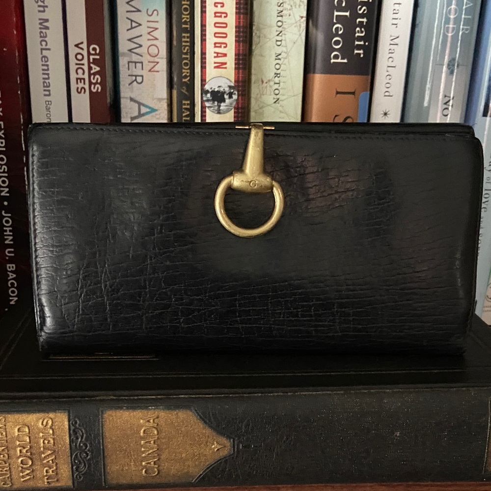 Gucci Vintage Black Leather Long Wallet with Horsebit Closure